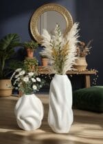 Dalgalı Seramik Vazo Seti - Beyaz